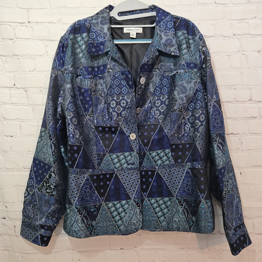 Coldwater Creek Jacket Blazer Womens XL Blue Paisley‎ Patchwork Artsy Whimsygoth